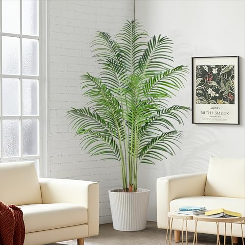 Image of 6ft Artificial Palm Tree - 180cm Tall Fake Areca Palm Plant with 18 Leaves and Realistic Bark Design - Faux Tropical Plants with Pot Perfect for Indoor Home, Living Room, or Bedroom Decor