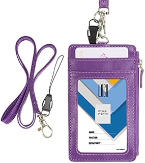 Badge Holder with Zip, Wisdompro School Supply 2-Sided Vertical PU Leather College ID Badge Holder with 1 ID Window, 4 Card Slots, 1 Side Zipper Pocket and 20 Inch Leather Neck Lanyard Strap - Purple