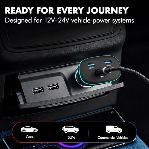 Image of PD 95W Superfast Charging 2.0 Car Charger, with 2XType C & USB-A, PPS & QC 3.0, Triple Port (65W + 30W + 18W), 12V-24V Compatible, Multi-Layer Protection, 2-Years Manufacturer Warranty
