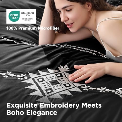 Baskbed Embroidered Comforter Set Queen 3 Piece Boho Bedding Black - image 2