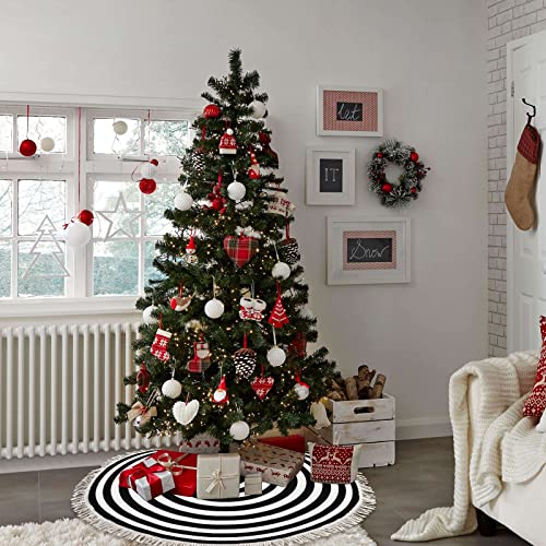 Ahoocustom Black And White Christmas Tree Skirt, 36 Inch Tree Skirt Mat With Tassel, Rustic Vintage Christmas Decorations Ornaments For Merry Xmas Holiday Party #TOP4