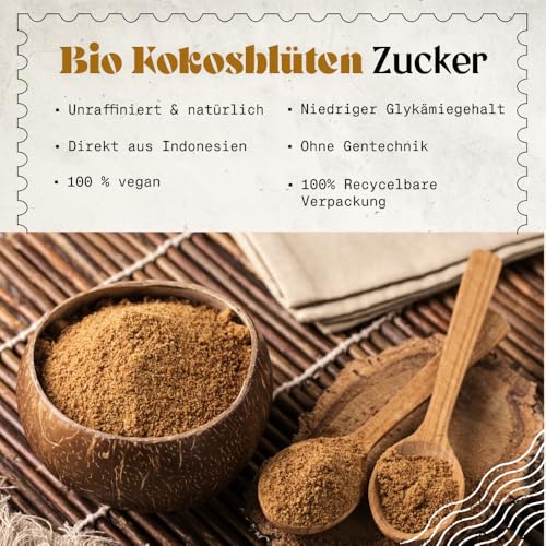 NaturaleBio Kokosblütenzucker Bio 450g. Natürlicher, unraffinierter Süßstoff. Nährstoffreiche Zucker-Alternative mit niedrigem Glykämischen Index. Mit Inulin zur Unterstützung der Darmgesundheit
