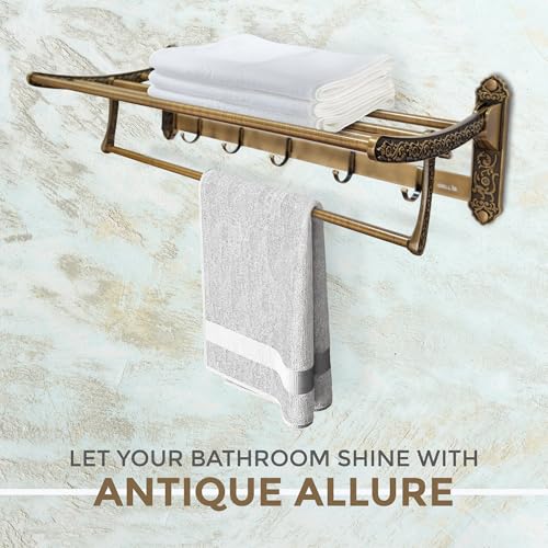 Image of iBELL 60 cm (23.6-Inch) Golden Antique Stainless Steel Folding Towel Rack for Bathroom | 90 Foldable Space-Saving Towel Stand | Towel Hanger | Bathroom Accessories
