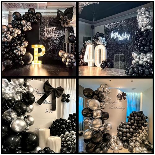 Image of 412Pcs Black and Silver Balloons Arch Kit, Latex Balloons Different Sizes 18 12 10 5 Inch for Birthday, Wedding, Graduation, Anniversary Decorations
