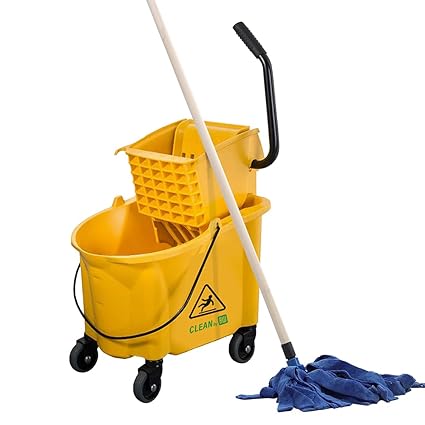 Restaurantware RW Clean 38 Quart Industrial Mop Bucket 1 Combo Mop Wringer Bucket - With Side Press Wringer Built-In Casters Yellow Plastic Commercial Mop Bucket Carry Handle For Commercial Use