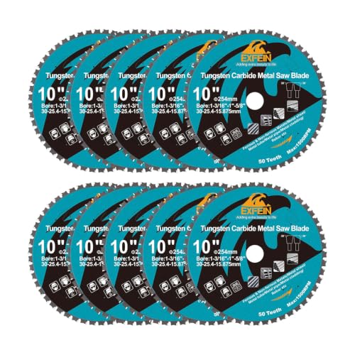 10 Inch 50T Metal Circular Saw Blade - 10-Pack EXFEIN Tungsten Carbide Tipped Saw Blade Arbor 1-3/16" for Metal Sheet or Pipe, Angle Iron, Rebar, Ferrous Metals, Non-Ferrous Metals