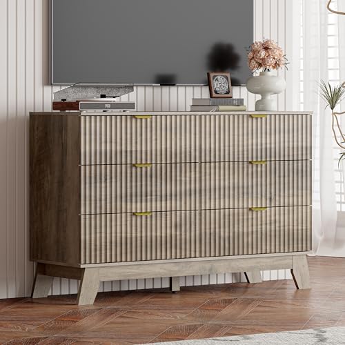 Image of Grey Dresser 6 Drawer Dresser for Bedroom, 47''W Fluted Wooden Dresser Storage Cabinet and Chest of Drawers with Metal Handle, Storage Organizer for Living Room, Hallway, Entryway, Gray