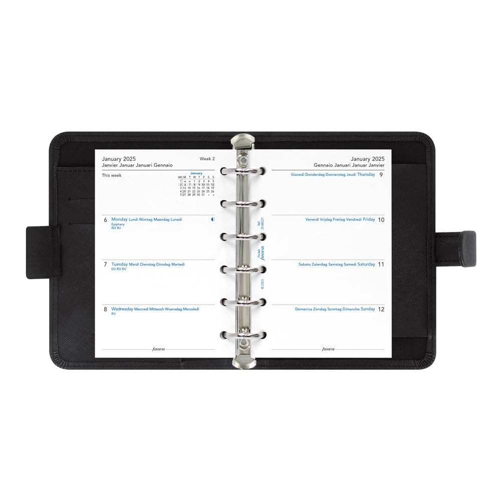 Filofax Agenda settimanale 2025 in saffiano, formato tascabile, colore nero, effetto pelle, 6 anelli, visualizzazione settimanale, multilingue, C022468-25