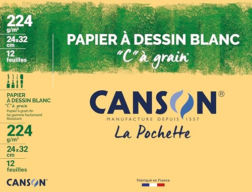 CANSON 'C' à Grain - Pochette 12 feuilles de papier dessin blanc 24 x 32 cm - 224g/m²