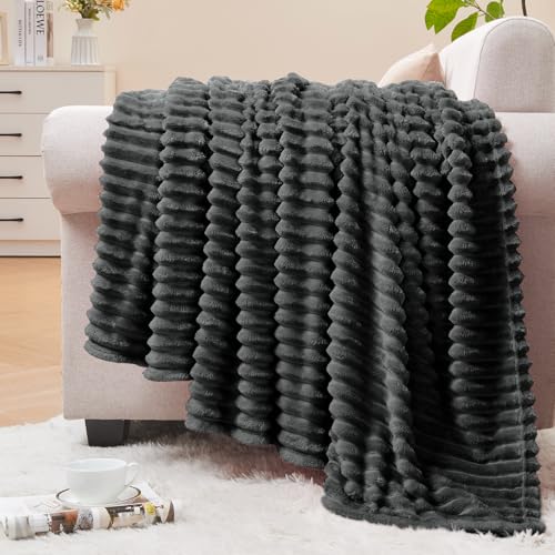 Image of BEDELITE Fleece Blanket Twin Size - 3D Ribbed Jacquard Soft and Warm Decorative Fuzzy Blankets - Cozy, Fluffy, Plush Lightweight Throw Blankets for Couch, Bed, Sofa(Charcoal Grey, 60x80 inches)
