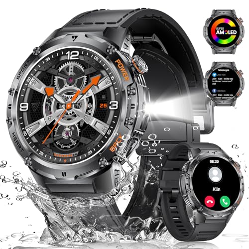 HIRREO Reloj inteligente para hombre (contestar/hacer llamadas), más de 100 modos deportivos, rastreador de fitness, linterna/AMOLED de 1.43 pulgadas, monitor de frecuencia cardíaca/sueño, resistente