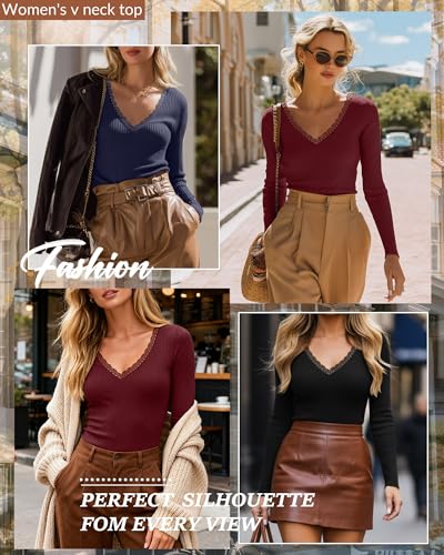 3 Pack Women's Long Sleeve Shirts, Cotton Knit T-Shirts Deep V Neck Lace Tees Slim Fit Tops Ribbed Y2k Blouses3