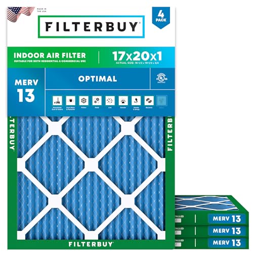 Image of Filterbuy 17x20x1 Air Filter MERV 13 Smoke & Allergy Defense (4-Pack) | Electrostatic Pleated HVAC AC Furnace Filters Replacement, Made in USA (Actual Size: 16.50 x 19.50 x 0.75)