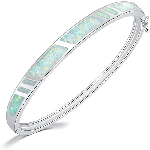 CiNily 14K White Gold Plated Opal Bangle Bracelet for Women Teen,Hypoallergenic Jewelry Gift Gemstone Bangle Bracelet 8.26 inch
