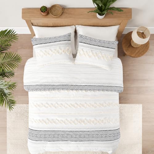 Image of Hyde Lane Boho King Size Comforter Set - 3-Piece Shabby Chic Bedding Sets, Farmhouse Bed Comforter with 2 Pillow Shams, All Season Cotton Top, Ivory Tufted Pom Pom