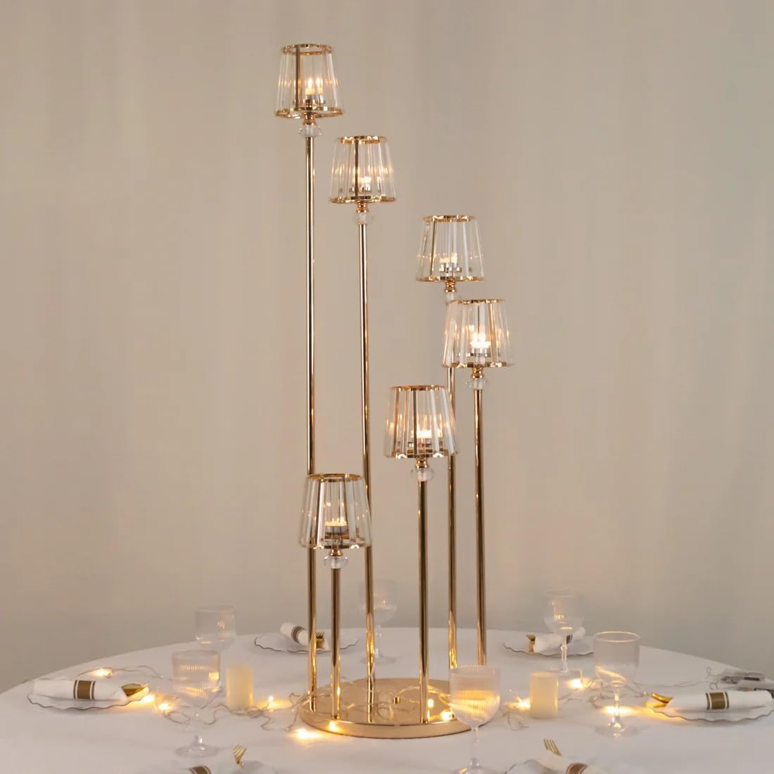 4 feet Gold 6 Arm Round Crystal Pendant Candelabra Tealight Candle Holder Wedding Reception Centerpiece Candle Stand Event Table Decor Banquet Home Decoration Supplies