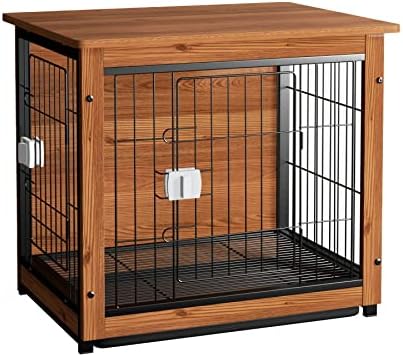 Aivermeil Furniture Style Dog Crate,Wooden Dog Kennel Furniture Indoor Double Doors Removable with Locked,Dog Crate End Table Side Table Walnut Yellow 27IN