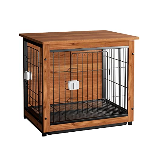Aivermeil Furniture Style Dog Crate,Wooden Dog Kennel Furniture Indoor Double Doors Removable With Locked,Dog Crate End Table Side Table Walnut Yellow 27In #TOP21