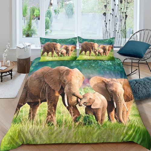 3D Easy Care Microfiber Elephant family Bedding Quilt Cover All Season Bedding Set with Pillow Shams Wildlife nature scene Comforter Cover All Season Washable for Kids Teens Adults Single（140x200cm）