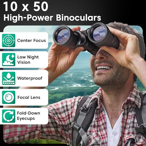 Image of Sounce 10x50 Binoculars for Long Distance | HD Binocular for Adults | BAK4 Prism FMC Green Coated | Bird Watching Wildlife Safari Hiking | Wide Eyepiece Durbin with Pouch (Black)