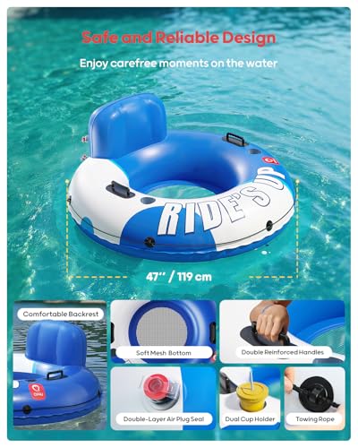 Image of QPAU Inflatable River Tube, 0.4 mm Thickened Puncture-Resistant Heavy Duty River Float, River Raft with Ergonomic Backrest, Mesh Bottom & 2 Cup Holders for Adults and Friends Lake Float