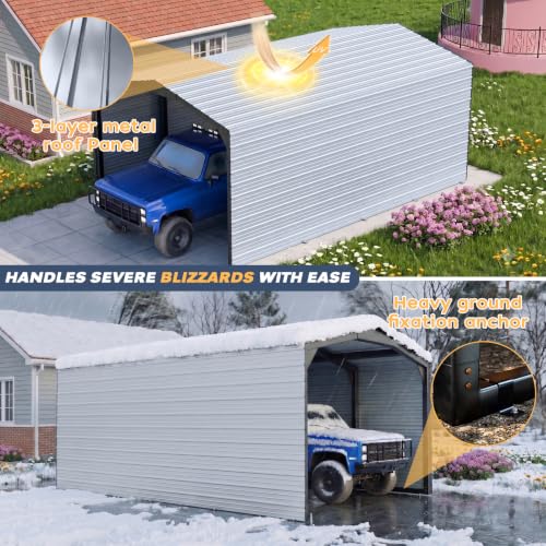 Image of Military-Grade Metal Carport 12x20 FT, Heavy Duty Garage 2-Sided Enclosure | 2x2 inch Steel Poles with Powder Coating, 17-Gauge Walls,100 PSF Snow Load Roof, Hurricane Resistant, Pickup, Truck, Ash Gray