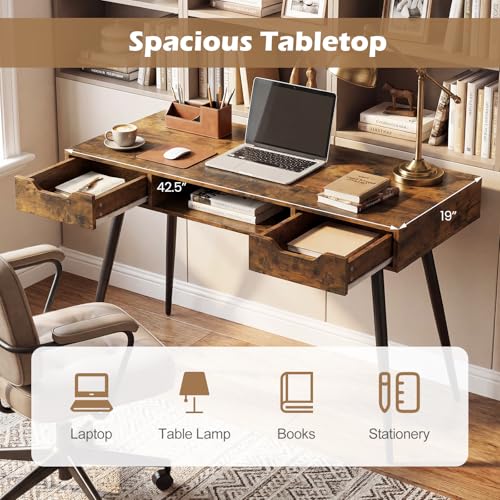 Image of Tangkula Mid Century Modern Computer Desk, Writing Desk with 2 Drawers & Open Center Storage, Small Wooden Study Table for Home Office & Compact Spaces (Rustic Brown)