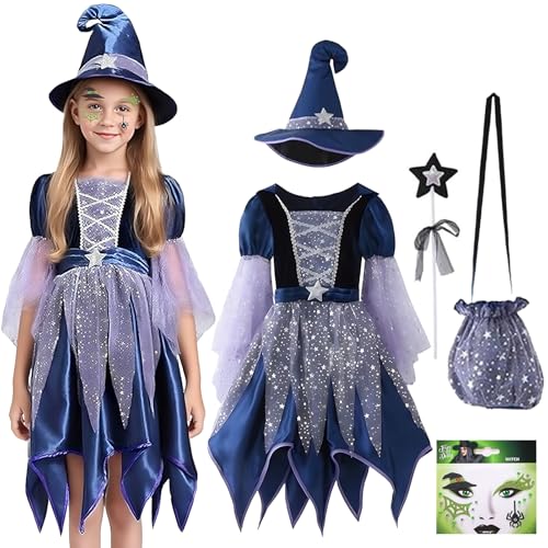 exatta Déguisement d'Halloween Sorciere Enfant pour Fille, Kit Sorciere Robe avec Robe, Chapeau,Canne,Sac de Bonbons, Autocollant pour le Visage,pour Halloween Carnaval, pour Fille 6 à 7 Ans, 120cm