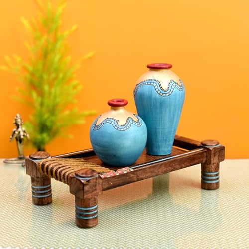 Image of Aakriti Art Creations Terracotta Vases Set of 2 with Wooden Chowki Stand, Turquoise Blue with Golden Glaze, Matte Finish Abstract Flower Vases for Living Room Decor, Table Decor