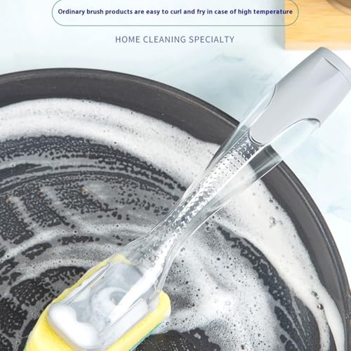 Image of The Pot Brush with Green and Yellow Washing Pads Does not Damage The Pot Handle and can be Used to add Liquid, Brush The Bowl, and Brush The Stove