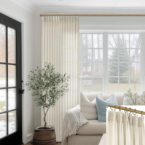 SHINELAND 102 Inch Long Oatmeal Pinch Pleated Linen Curtains, Lightweight Semi Sheer Natural Fabric Fiber Color Floor to Ceiling Pleat Drapes for Living Room, 40" W x 102" L