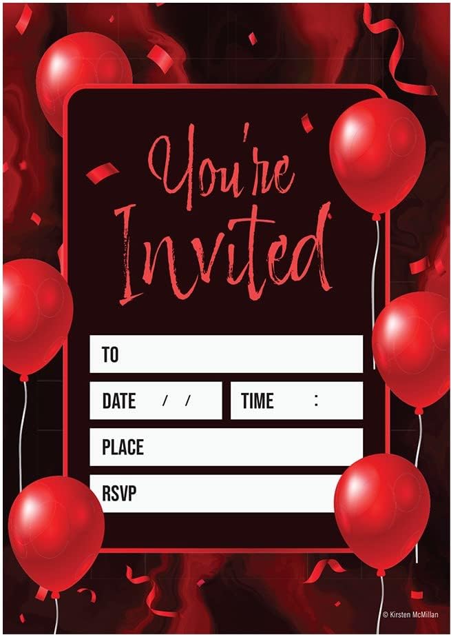 Kirsten McMillan 32 Black & Red Balloon Birthday Invitations, A6 Birthday Party Invitations Cards for Adults with Envelopes