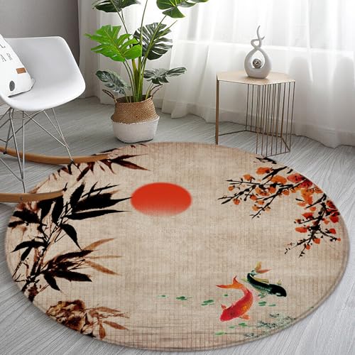 Japanese Round Area Rug Asian Red Plum Blossom Sun Koi Bamboo Tradition Painting Art Landscape for Entryway Living Room Bedroom Home Decor 5ft
