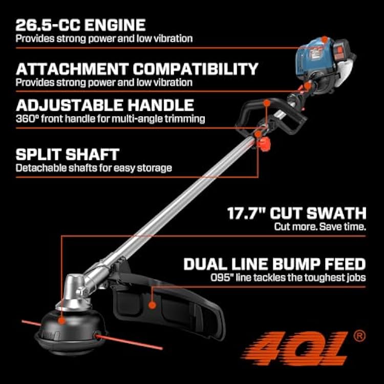 SENIX 18-inch 26.5 cc Gas Weed Wacker and 10 inch Brush Cutter Kit - Bump Feed, Straight Shaft, with Shoulder Strap, 4-Cycle String Trimmer GTS4QL-ABC001