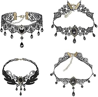 LOOPES 4pcs Gothic Necklace Set Lace Vintage Choker Halloween Black Necklaces Victorian Lace Choker Necklace Women Costume Accessory for Girls Adults World Book Day Masquerade Carnival Decor