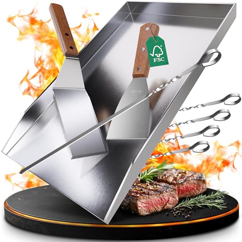 valuents® Grillplatte - Plancha Grill Platte aus dickem & rostfreiem Edelstahl – 44,5 x 26 cm – für BBQ Gasgrill & Kohlegrill geeignet +PLUS: Bürste & Grillspachtel