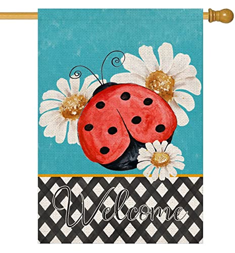 Qinqingo Ladybug Daisy Welcome House Flag 28" X 40" Vertical Double Sided Burlap Spring Summer House Flag For Garden Lawn Yard Outdoor Decorations (Hf-01) #TOP9