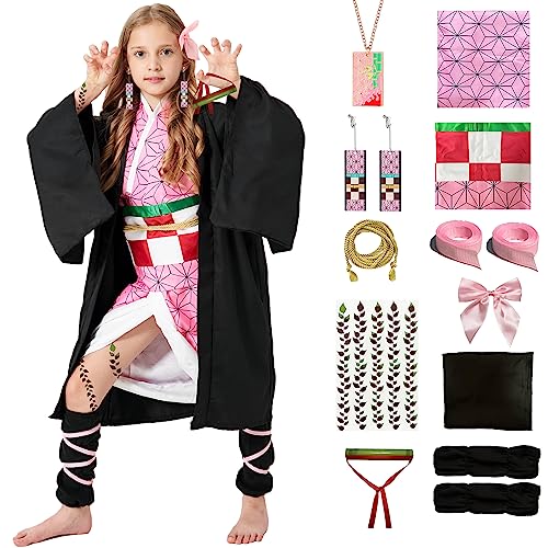 PTXZEQ Tanjiro Costume Kamado Demon Coslpay Outfit for Halloween Kids Audlt (pink, kids 150)