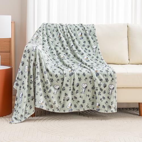 Image of Berkshire Blanket Peanuts VelvetLoft Cute Character Snoopy Plush Throw Blanket,Peanuts Snoopy & Woodstock New Flower and Bees Sage,Throw 55 in x 70 in (Official Peanuts Product)