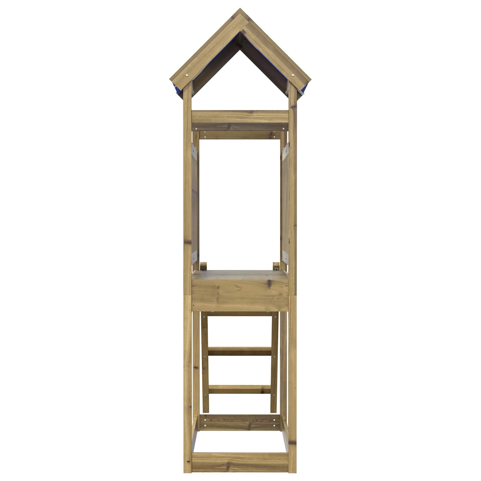 Wieża do zabawy z litego impregnowanego drewna, brązowa, z zestawem akcesoriów, 52,5 x 110,5 x 215 cm, do ogrodu i na zewnątrz, stabilna zabawka ogrodowa ze zjeżdżalnią i możliwościami
