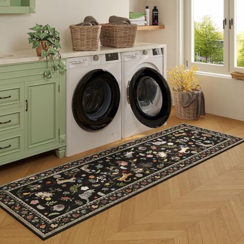 Runner Rug for Kitchen Non Slip 2'x6' Washable Rugs with Rubber Backing Soft Floral Animal Cat Carpet Runner for Kitchen Laundry Bedroom Bathroom, Black