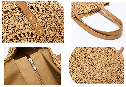 Straw Bag Round Summer Straw Large Woven Beach Bag Purse For Women Vocation Tote Handbags With Pom Poms - Image 7