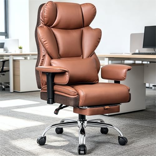 Image of Big & Tall Executive Office Chair 400 LBS, Ergonomic High Back Heavy Duty Computer Chair with Retractable Footrest and Wide Seat, for Heavy People, Brown