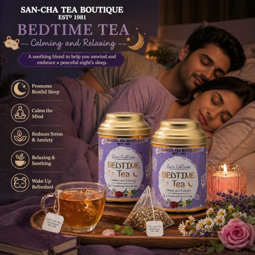 Image of Sancha Tea Boutique, Bedtime Tea, Caffeine Free Herbal Tisane, 25 Pyramid Bags, For Stress Relief & Good Sleep, Blend Of Real Vanilla, Lavender, Rose & Chamomile Flowers (Pack of 2)