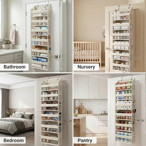 Image of HOMELUX THEORY UPGRADED 6 Tiers Over The Door Organizer Hanging - 100D EXTRA THICK & 50lbs HUGE CAPACITY, 12 Side Mesh Pockets Over The Door Shoe Organizer, Hanging Closet Organizer (Ivory, 1pc)