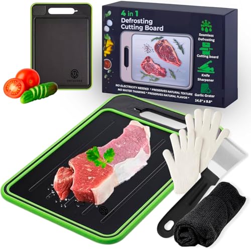 Image of ONIXCORE 4-in-1 Defrosting Tray for Frozen Meat – Defroster & Thawing Plate with Built-in Knife Refiner, Garlic Grater & Cutting Board – Non-Slip & Dishwasher-Safe (Black)
