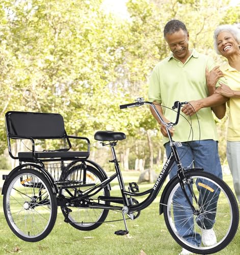 Image of Adult Tricycle Foldable with Child seat 3 Wheel Bicycle for Ladies Tricycle with Basket with Back seat 20 /24in Bikes Maximum Load 550lbs Shock Absorbing Fork Adult-Unisex (24in-7speed-black)