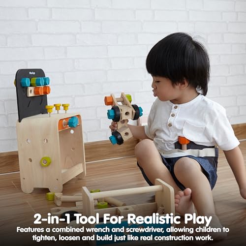 PlanToys® Wooden Tool Bench & Carpenter Play Set | Montessori Pretend Construction Bundle with Workbench, Tools, Screws, Bolts & Building Pieces | Eco Friendly STEM Toy for Kids - Image 6