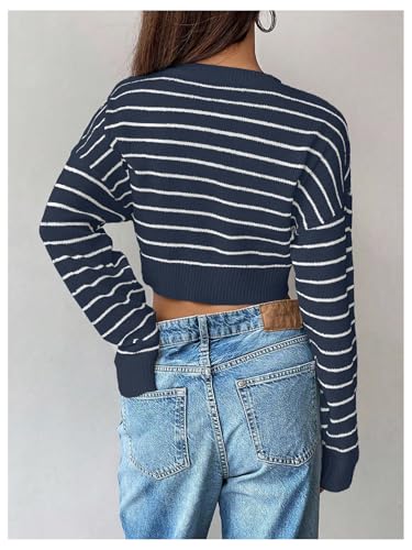 Image of Verdusa Women's Striped Y2k Crop Sweaters Crew Neck Long Sleeve Pullover Knitted Tops