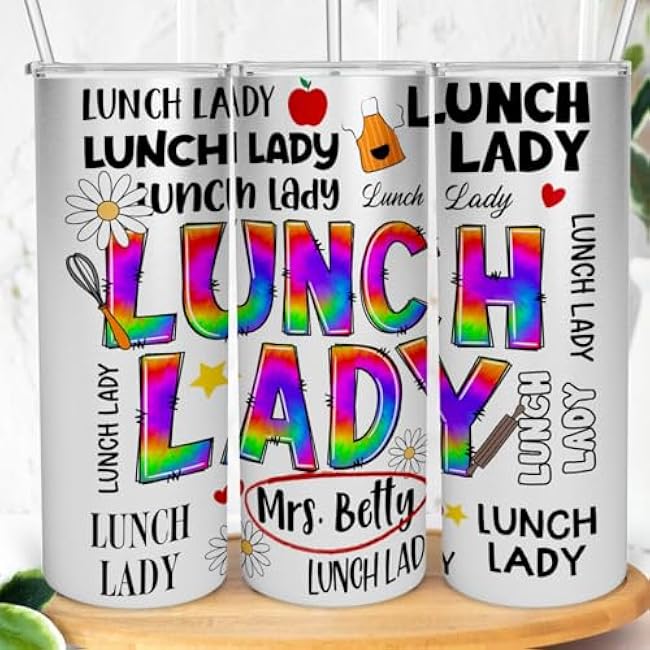 Lunch Lady Personalized Tumbler 20oz Stainless Steel Vacuum Insulated Skinny Cup with Custom Name for Back to School Durable Teacher Gift